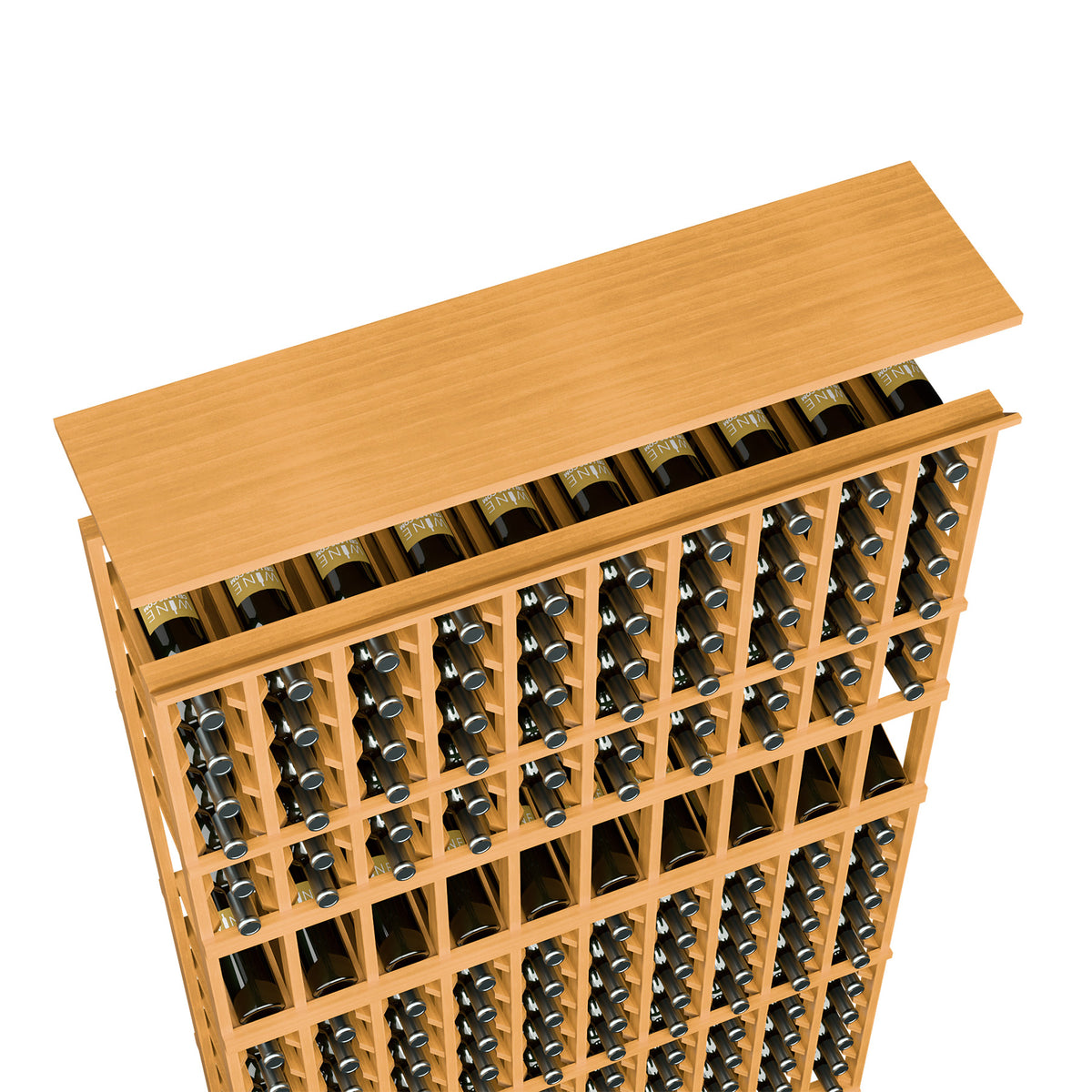 Golden wood wine rack top shelf with bottle slots, holds many bottles