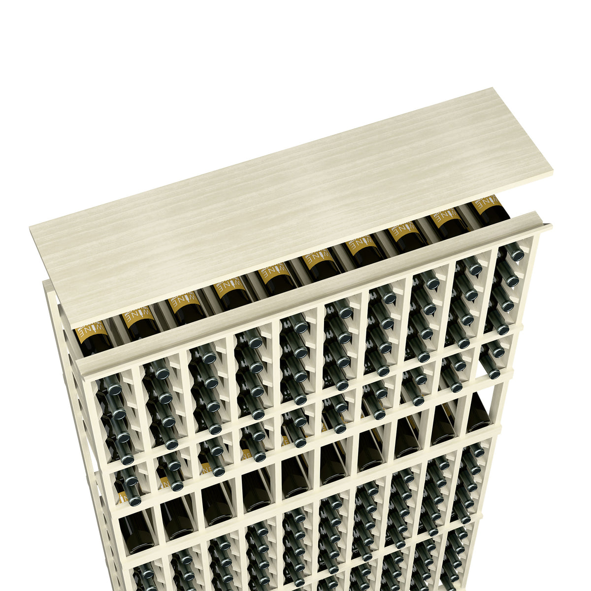 Whitewashed wood wine rack top shelf with bottle slots, holds many bottles