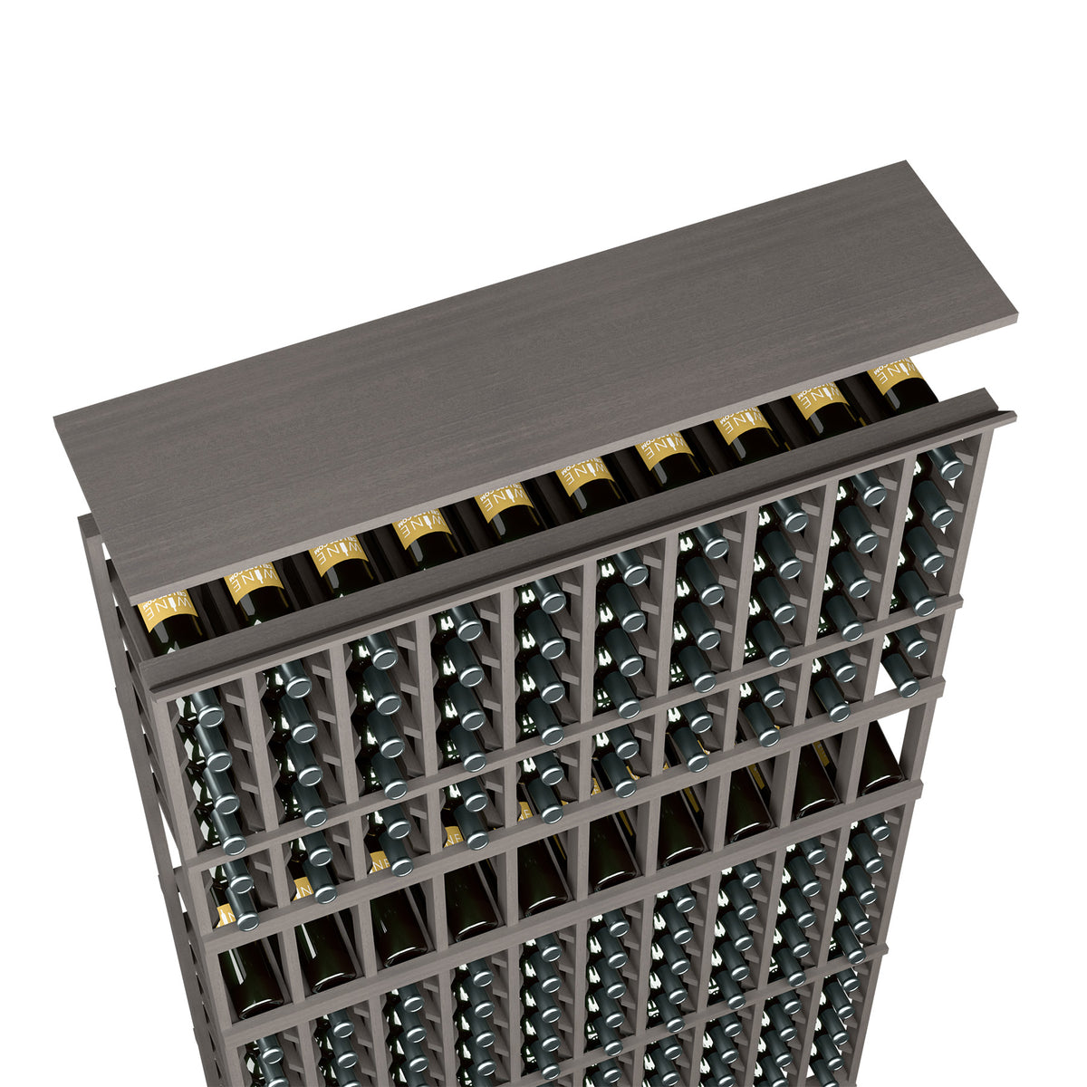 Dark wood top shelf wine bottle rack with bottle slots and grid frame
