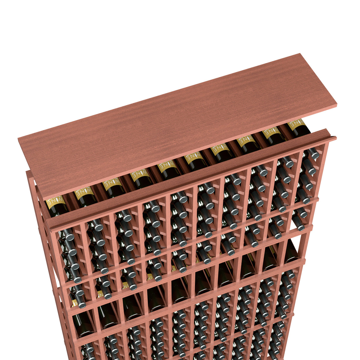 Warm red top shelf wine bottle rack, grid holder for wine bottles