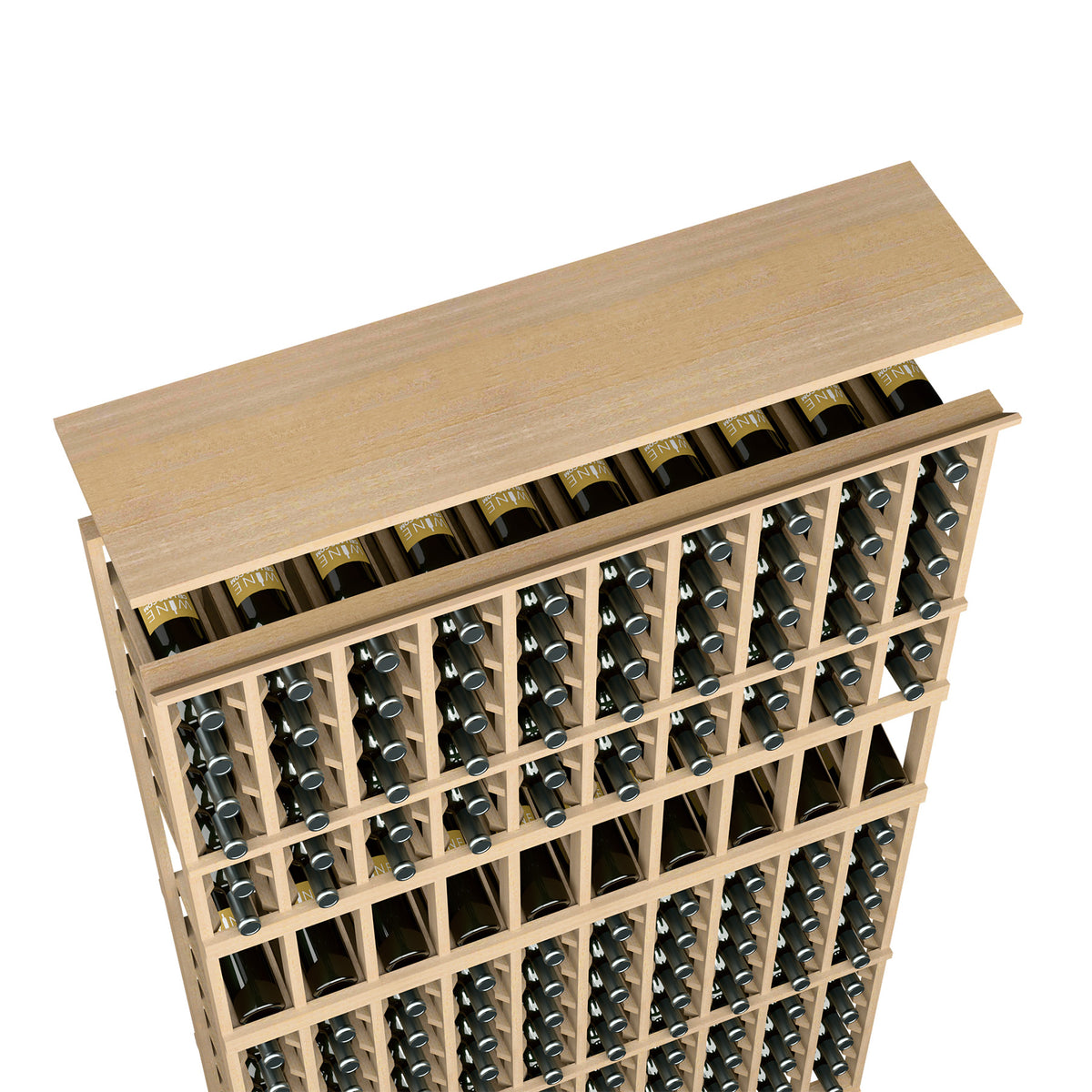 Light tan top shelf wine bottle rack with open grid and bottle storage cells