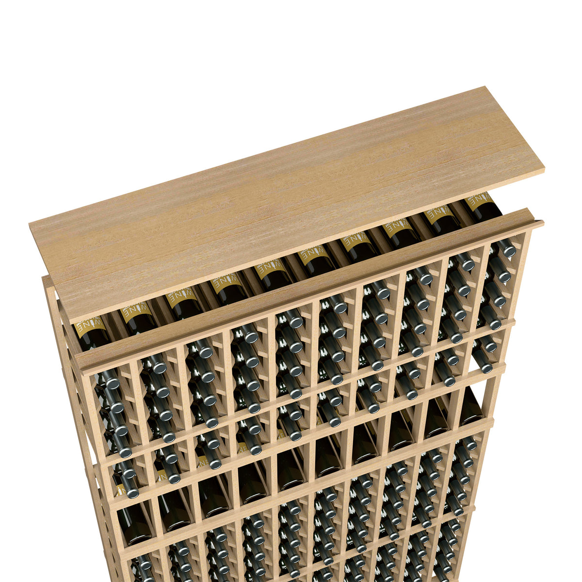 Natural wood top shelf wine bottle rack, bottle slots in a structured grid