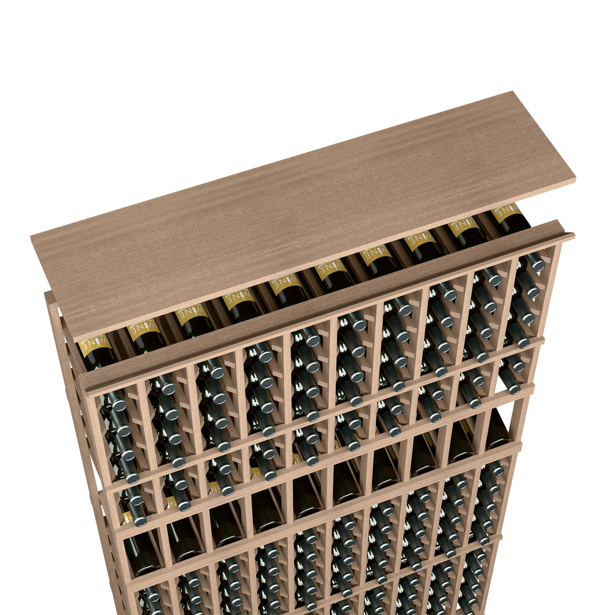 Medium brown top shelf wine bottle rack with bottle holder slots and frame