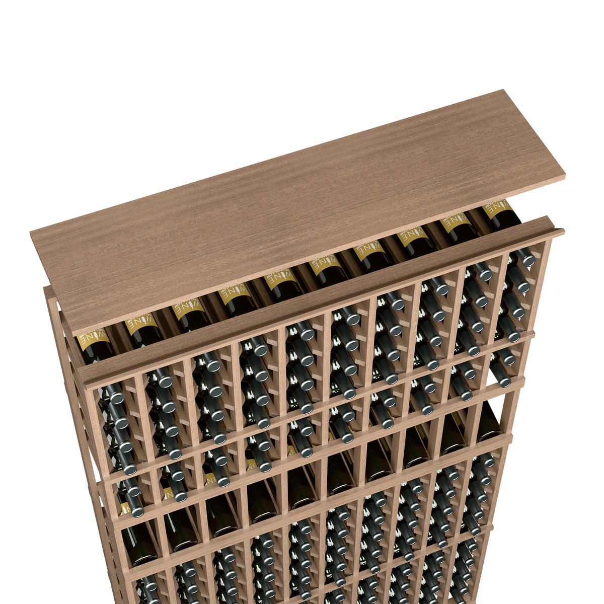 Brown top shelf wine bottle rack with open grid for storing wine bottles
