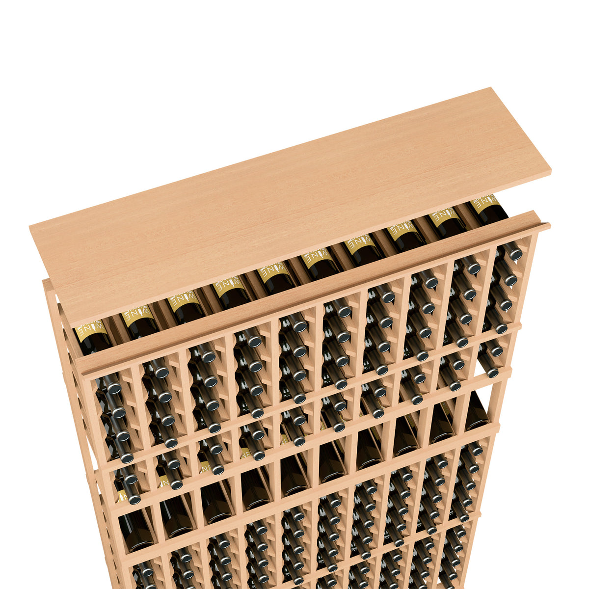 10-column wine rack top shelf, light wood, open grid with bottle holders