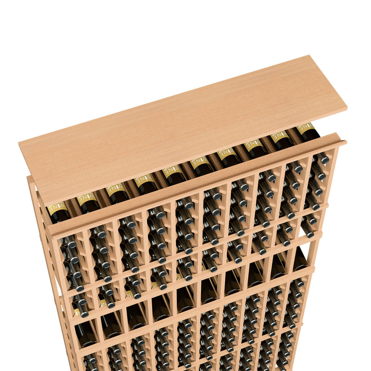 10-column wine rack top shelf, light wood, front bottle rows in grid
