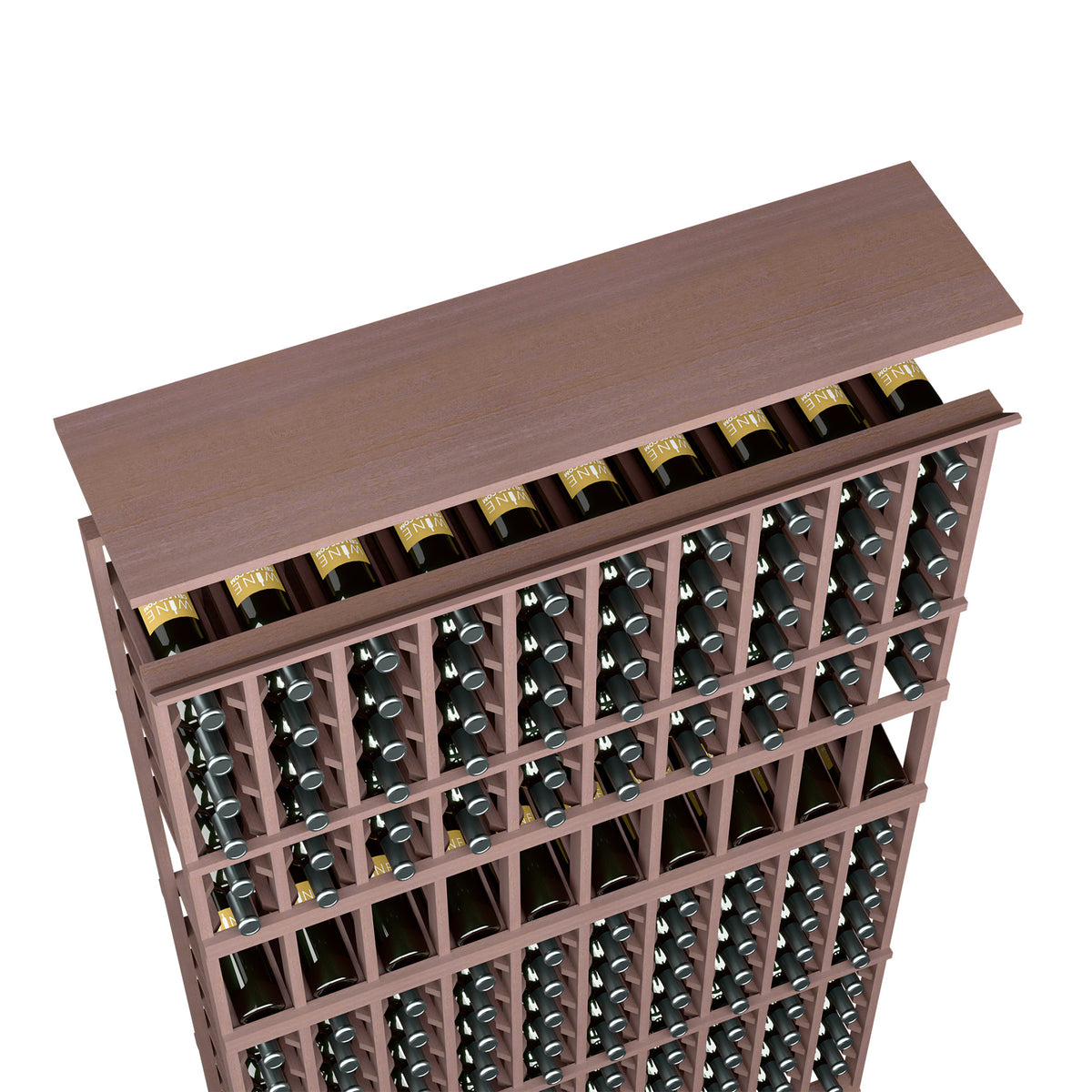 10-column wine rack top shelf, medium brown wood, open bottle-slot grid