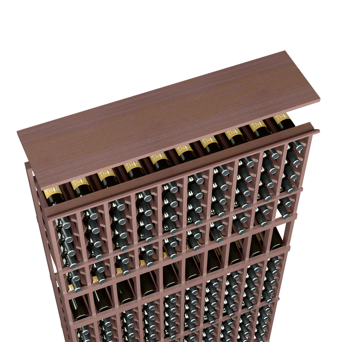 10-column wine rack top shelf, medium brown wood, bottles in front grid