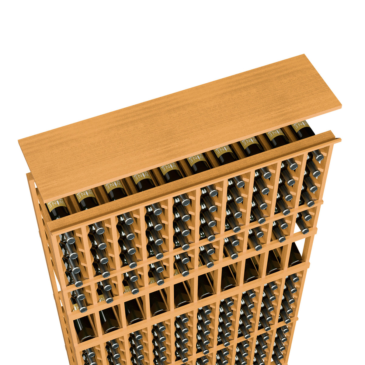 10-column wine rack top shelf, honey wood, visible bottle rows in organizer grid