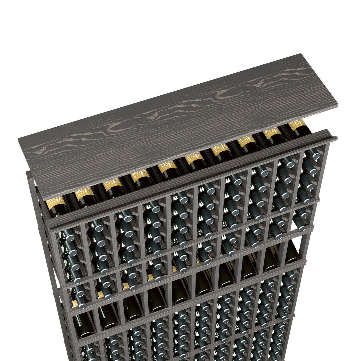 Dark gray wood top shelf for 10-column wine rack, with bottle slots visible