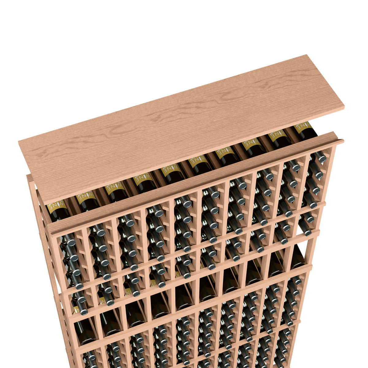 Light tan wood top shelf for 10-column wine rack, showing wine bottle compartments