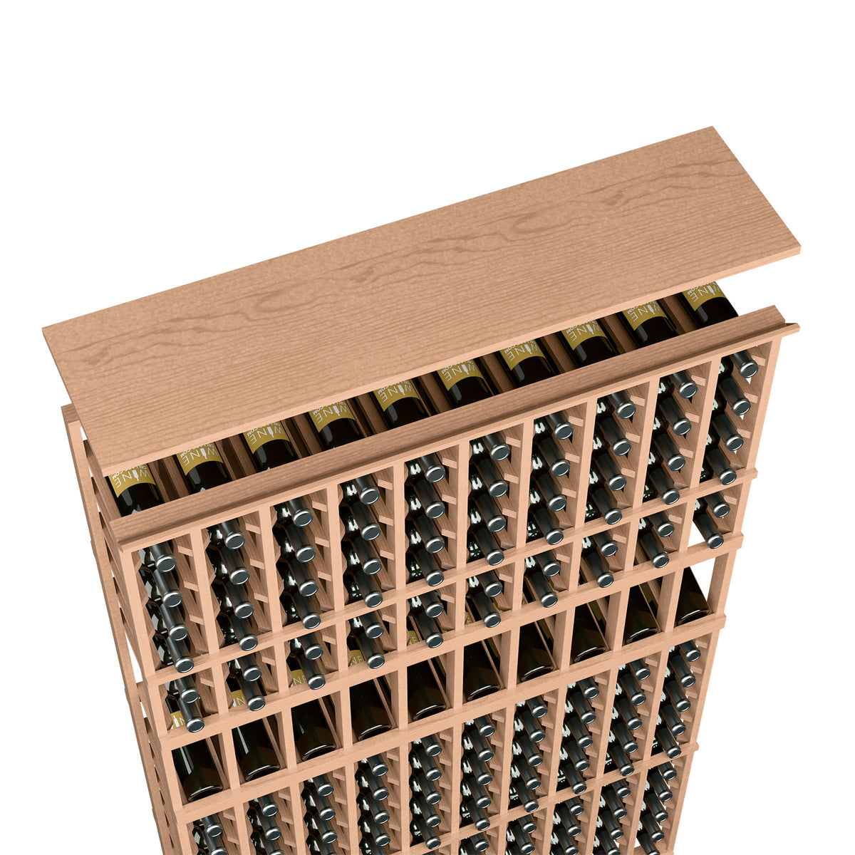 Light tan wood top shelf for 10-column wine rack, with multiple bottle rows visible