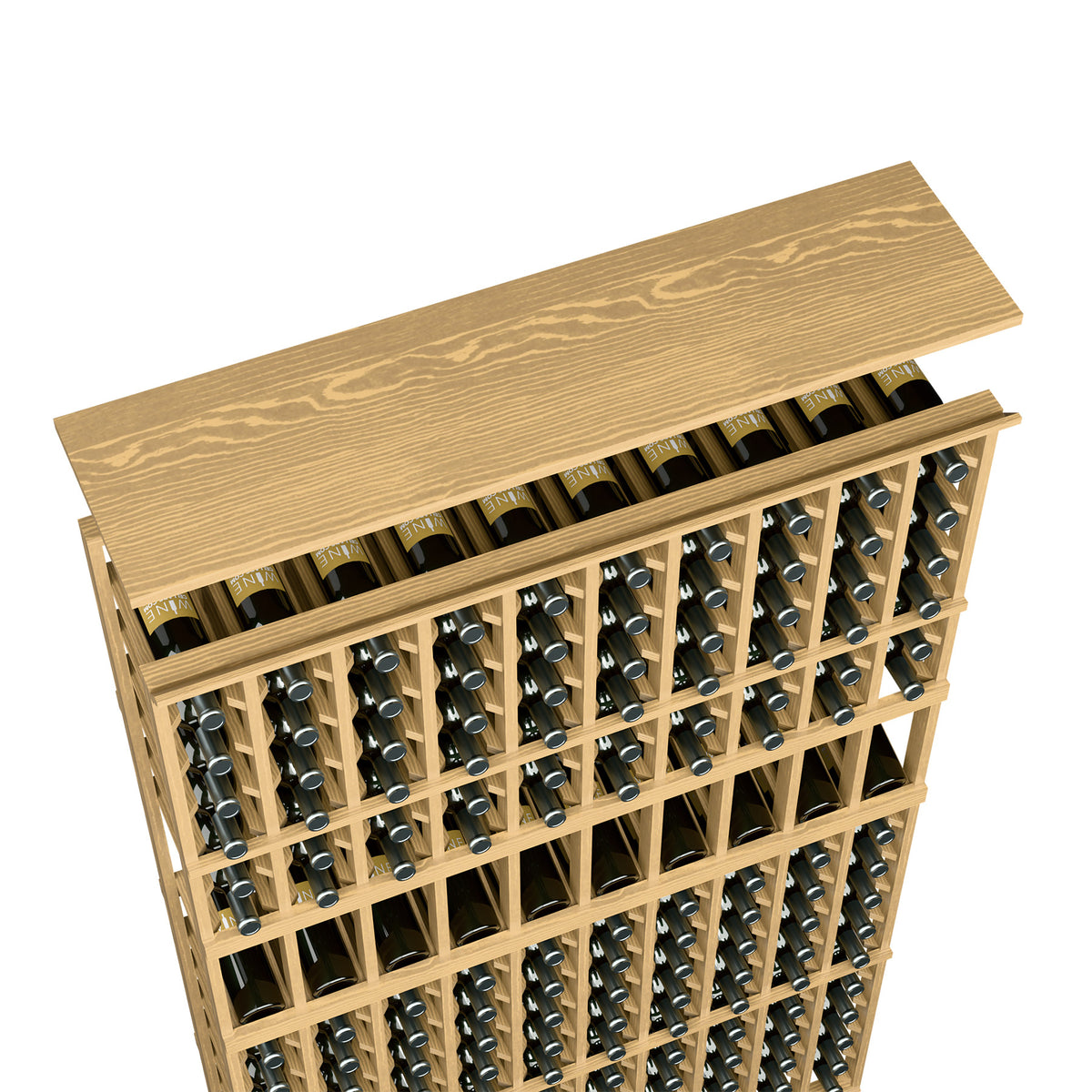 Light golden wood top shelf for 10-column wine rack, front view of bottle storage