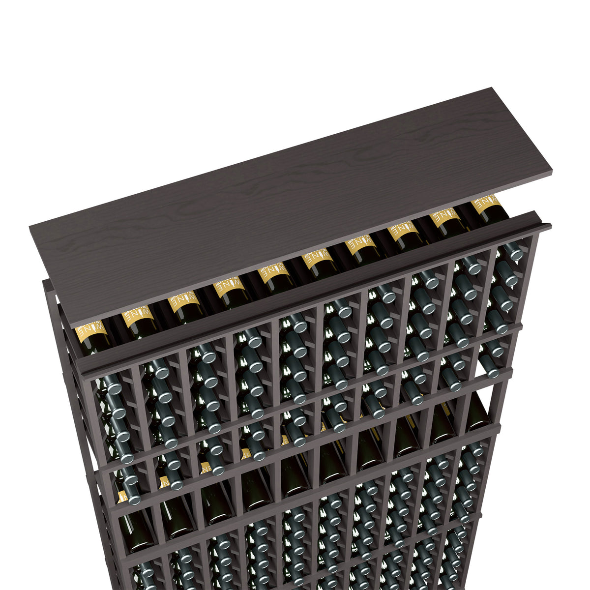 Dark brown wood top shelf for 10-column wine rack, bottle slots and corks visible