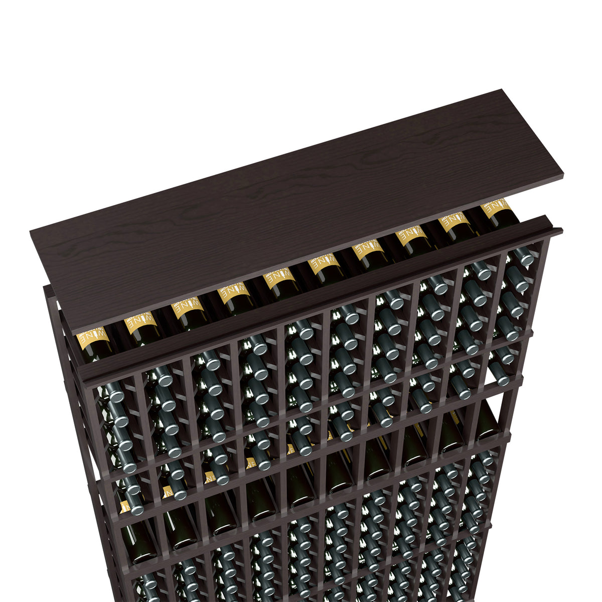 Dark brown wood top shelf for 10-column wine rack, showing rows of wine bottles