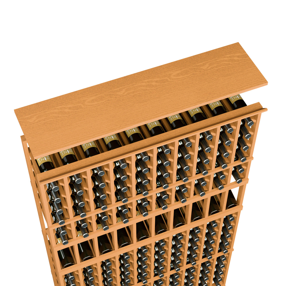 Wine rack top shelf for 10-column rack with bottle slots, warm light wood.