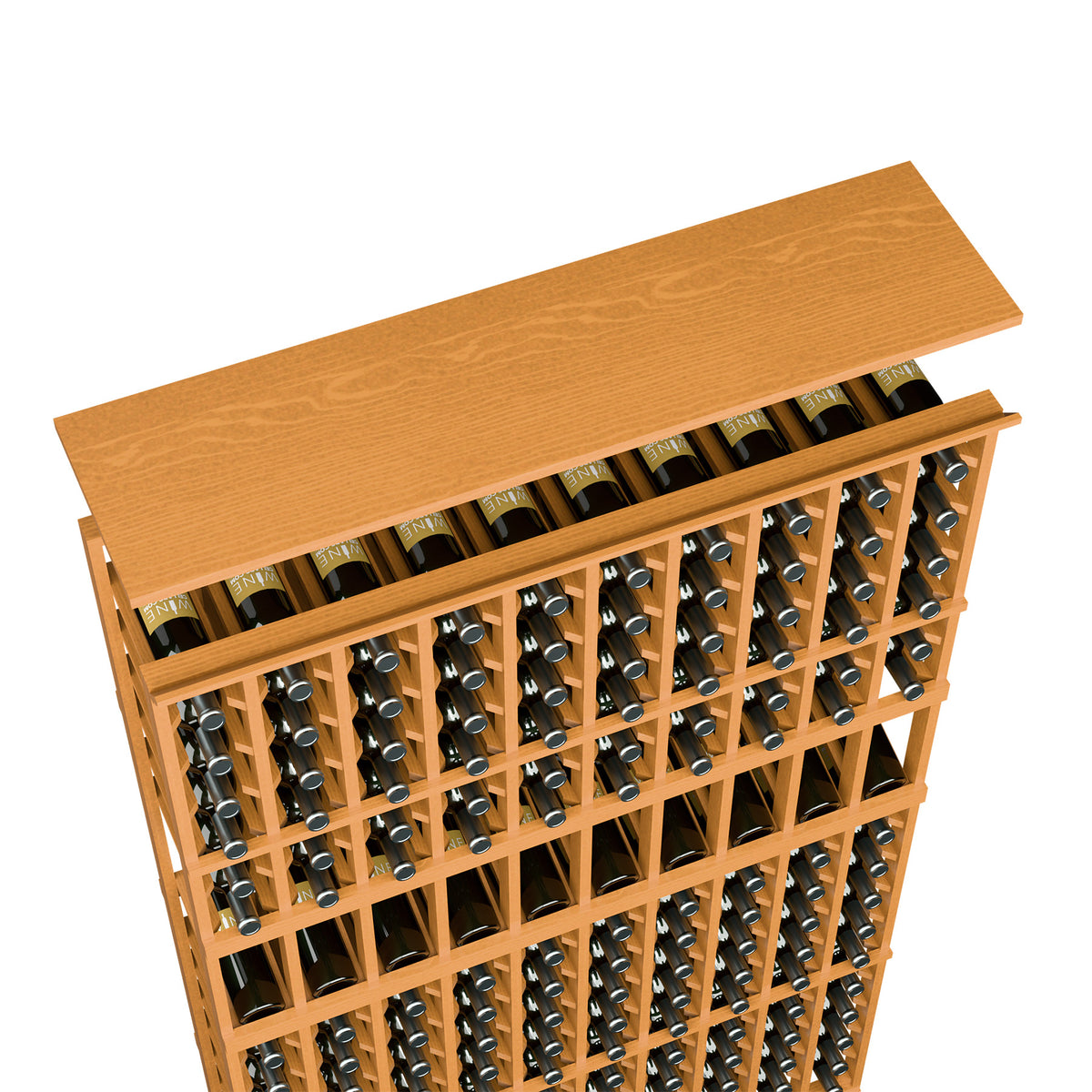 Wine rack top shelf for 10-column rack with bottle slots, warm light wood.