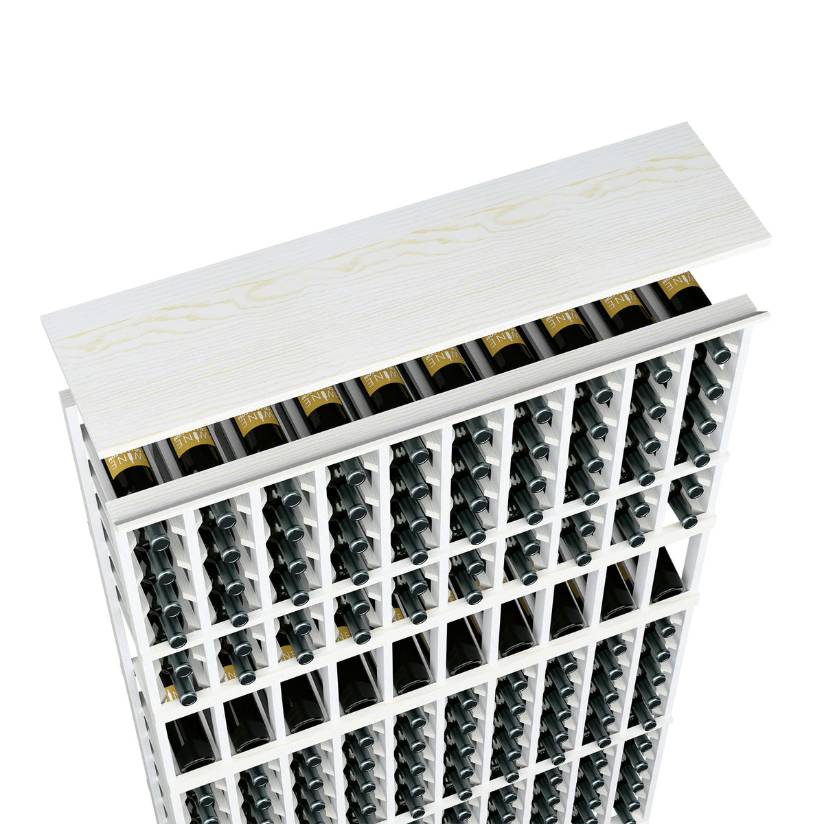 Wine rack top shelf for 10-column rack with bottle slots, white wash wood.