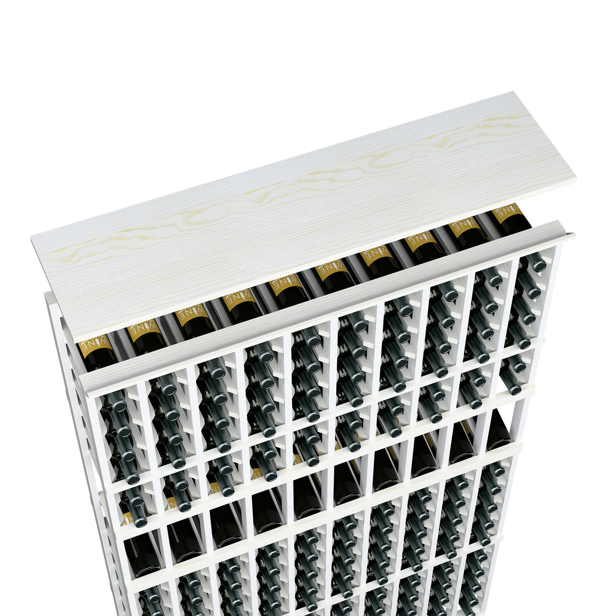 Wine rack top shelf for 10-column rack with bottle slots, white wash wood.