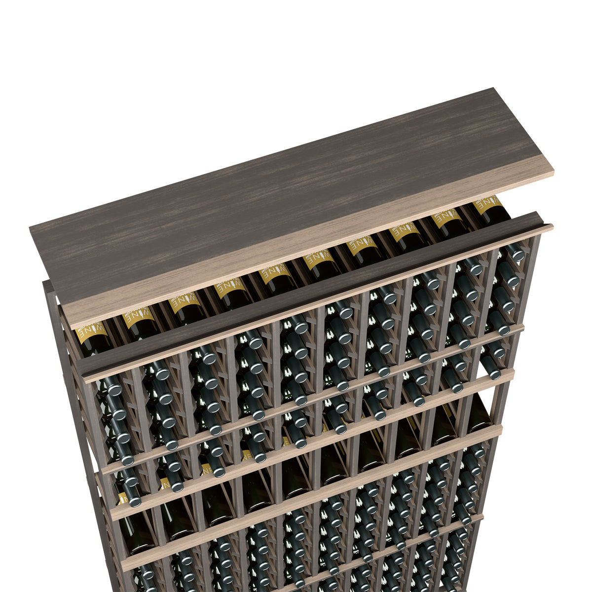Dark wood wine rack top shelf for 10-column storage with bottle rows
