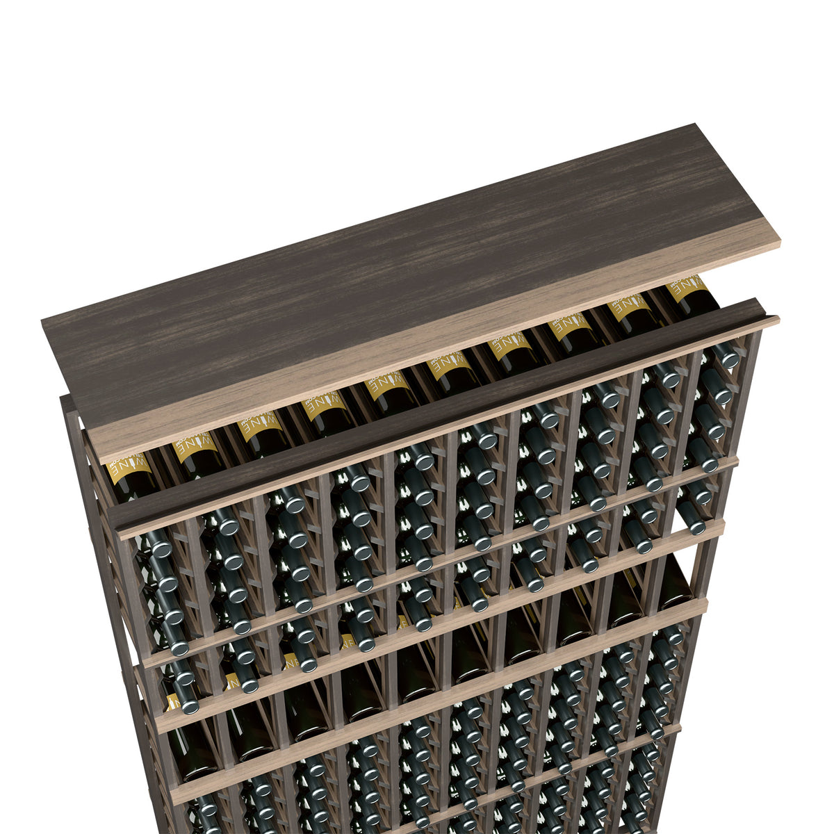 Gray wood wine rack top shelf for 10-column storage with bottle rows