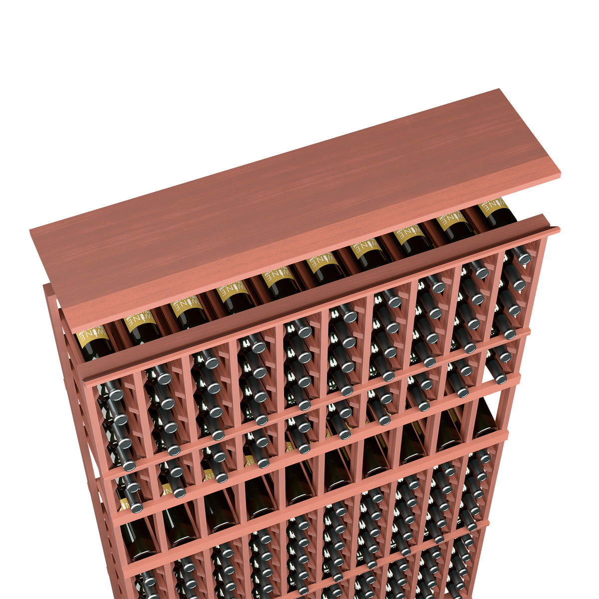 Red-brown wood wine rack top shelf for 10-column storage with bottle rows