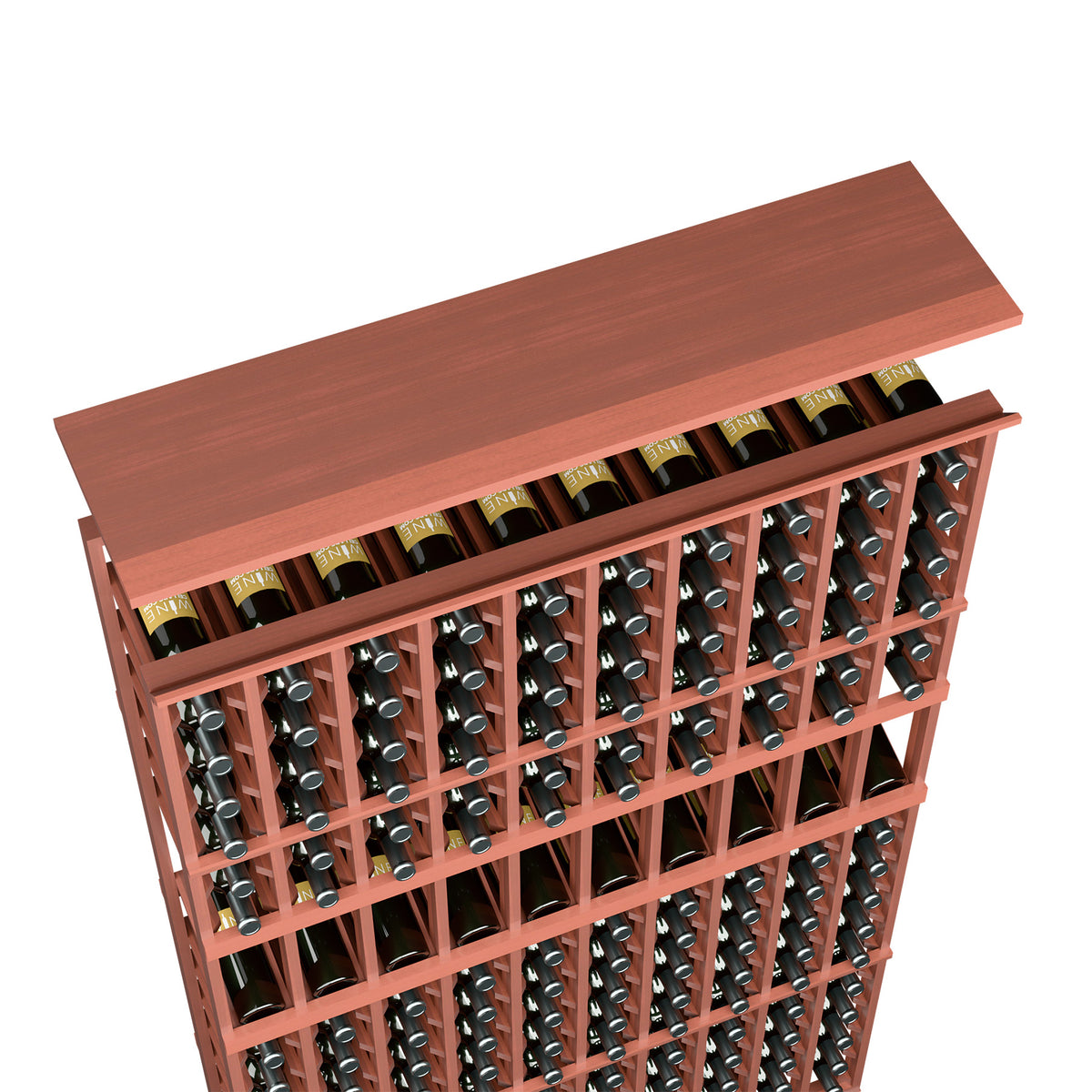 Warm red wood wine rack top shelf for 10-column storage with bottle rows