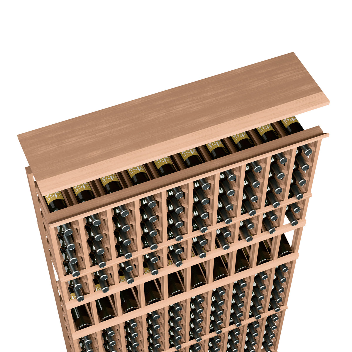 Light wood wine rack top shelf for 10-column storage with bottle rows