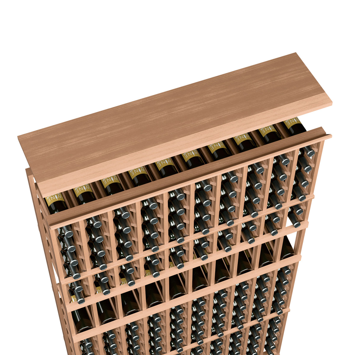 Pale wood wine rack top shelf for 10-column storage with bottle rows