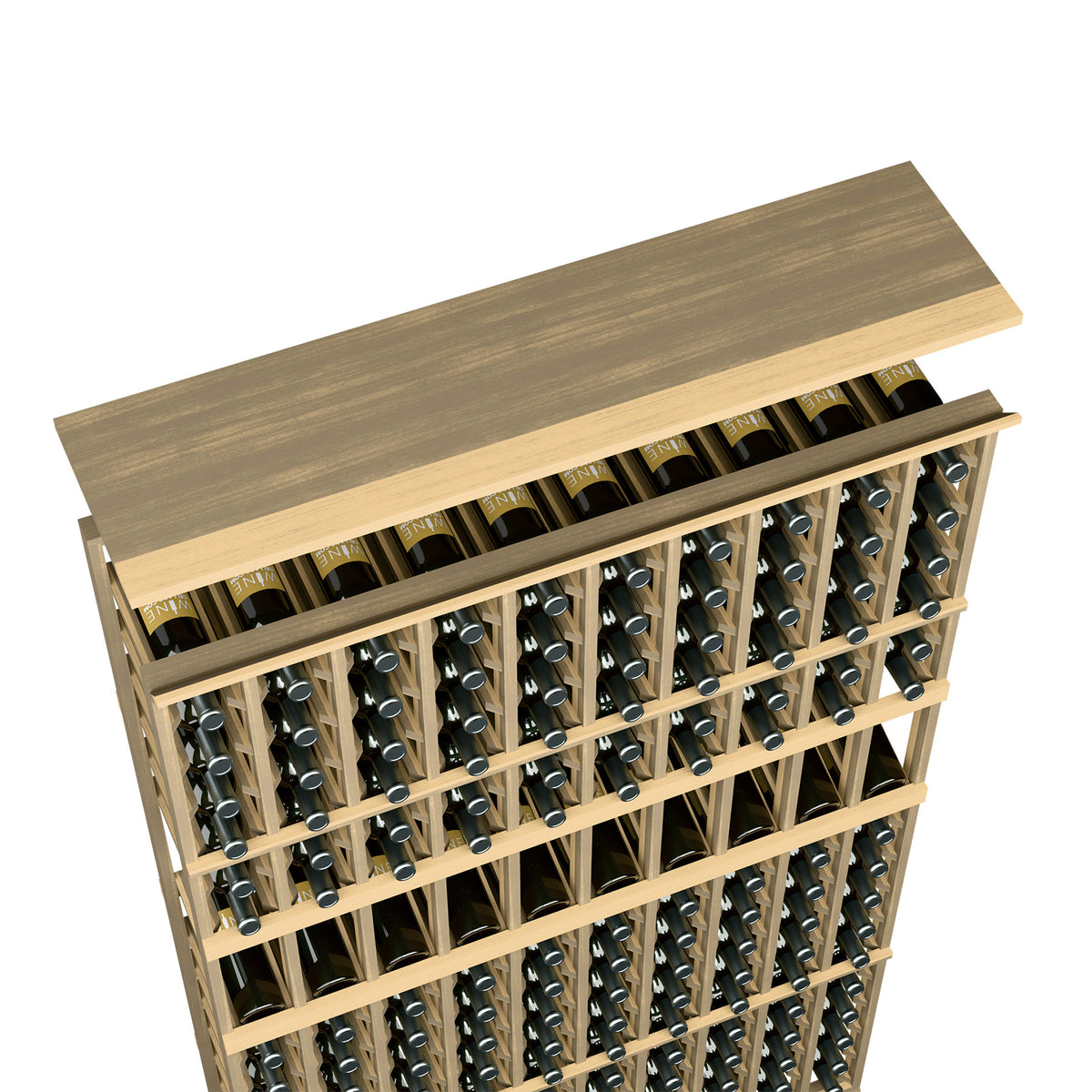 Weathered dark wood wine rack top shelf for 10-column storage with bottle rows