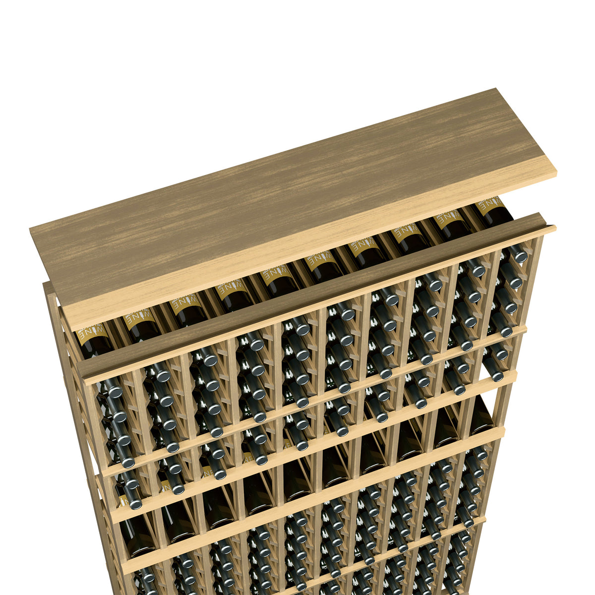 Light walnut-colored wood wine rack top shelf for 10-column storage with bottle rows