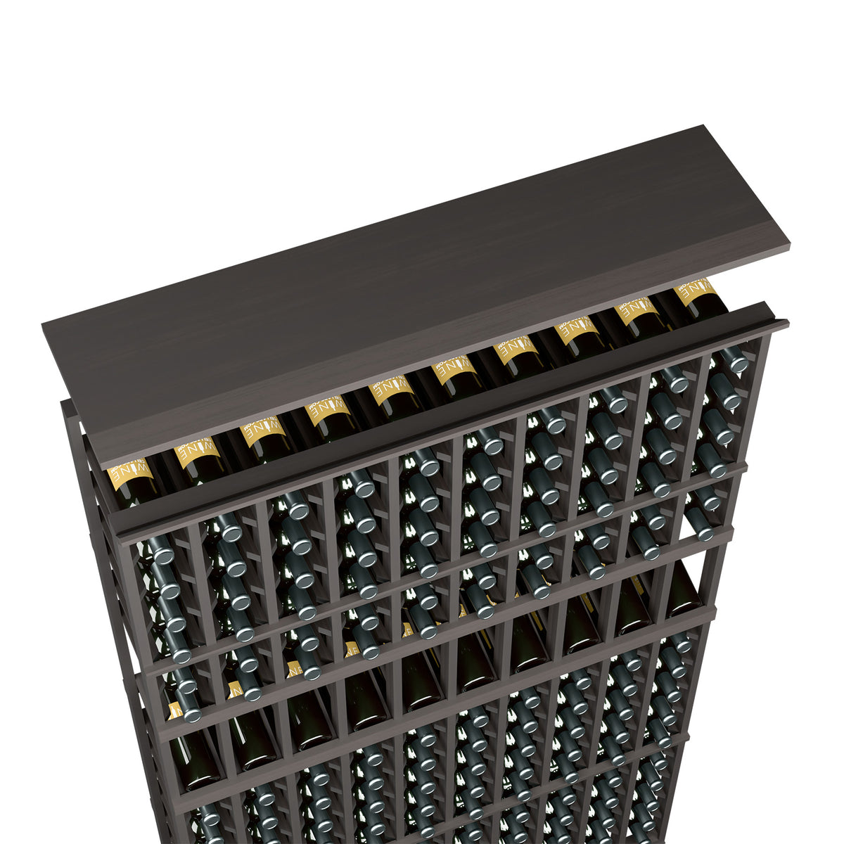 Charcoal dark wood wine rack top shelf for 10-column storage with bottle rows