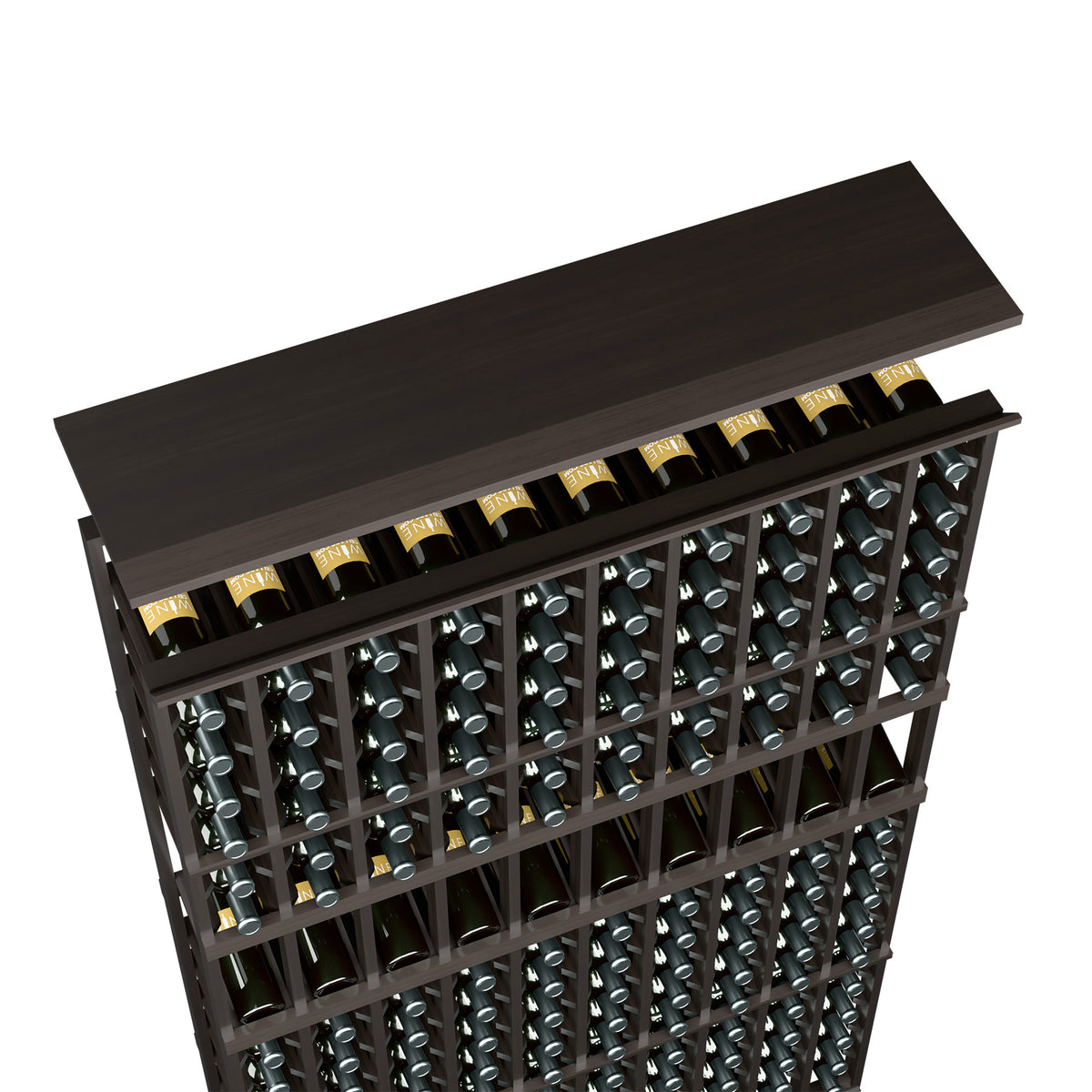 Espresso dark wood wine rack top shelf for 10-column storage with bottle rows