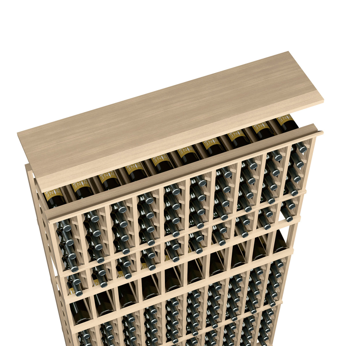 Wine rack top shelf for 10-column storage, light wood frame, bottles arranged in rows