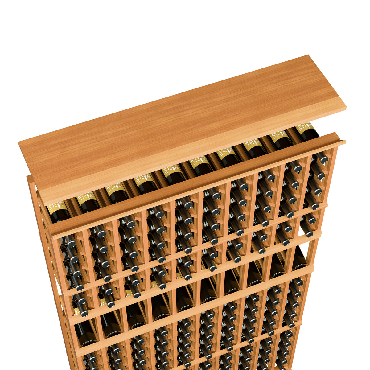Wine rack top shelf for 10-column storage, warm wood frame, bottles in grid compartments