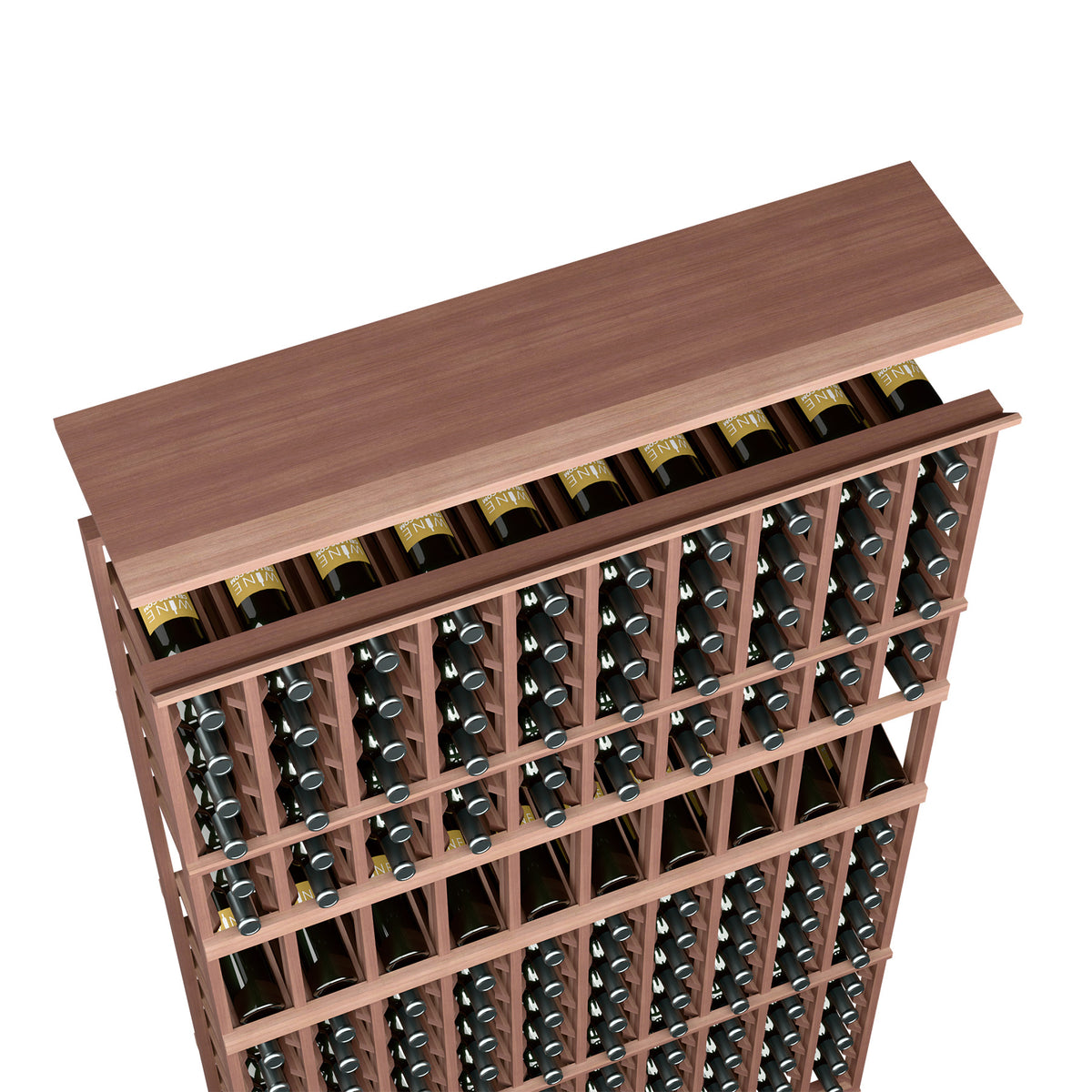 Wine rack top shelf for 10-column storage, dark brown wood finish, bottles in open slots