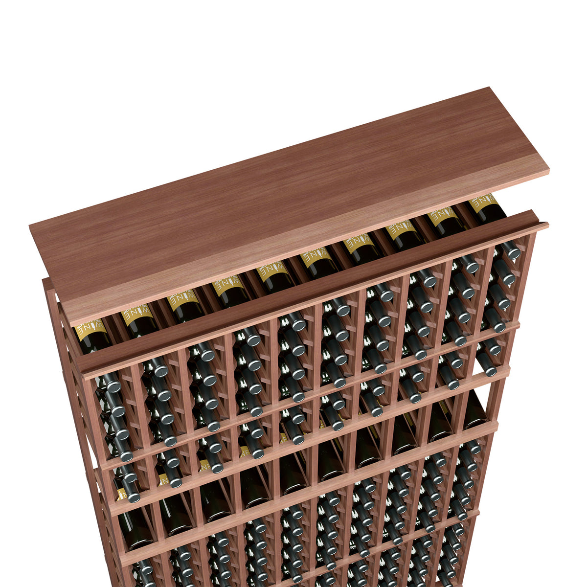 Wine rack top shelf for 10-column storage, dark wood frame, bottles stored in rows