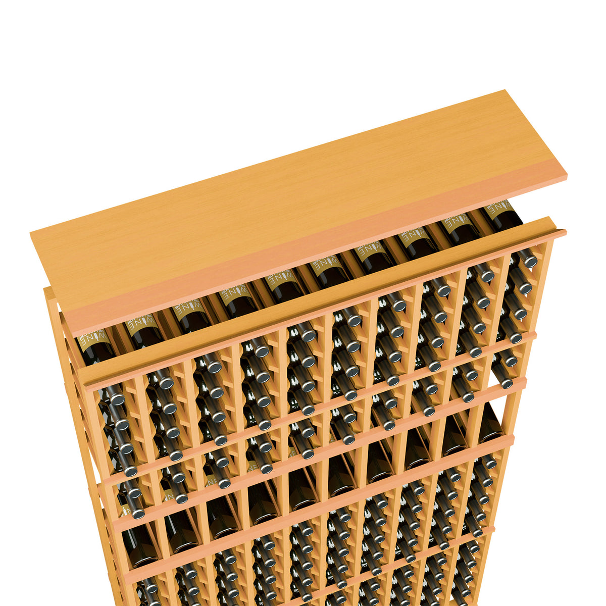 Wine rack top shelf for 10-column storage, light amber wood, bottles in compartment grid