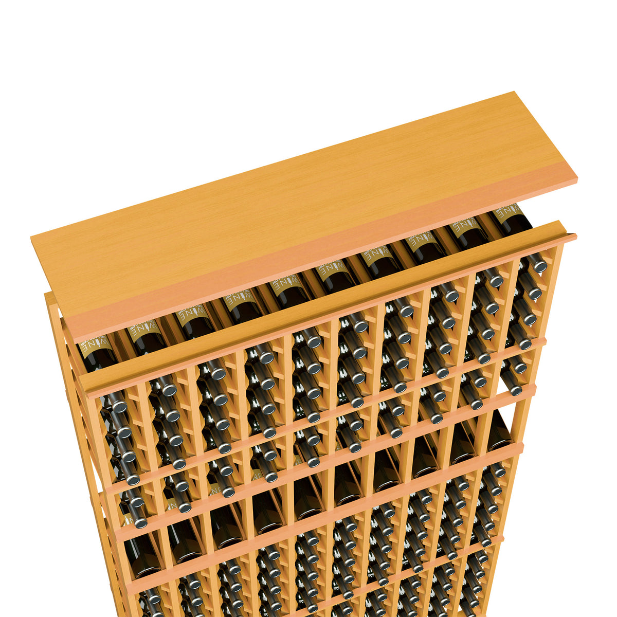 Wine rack top shelf for 10-column storage, amber wood frame, bottles in organized cubbies