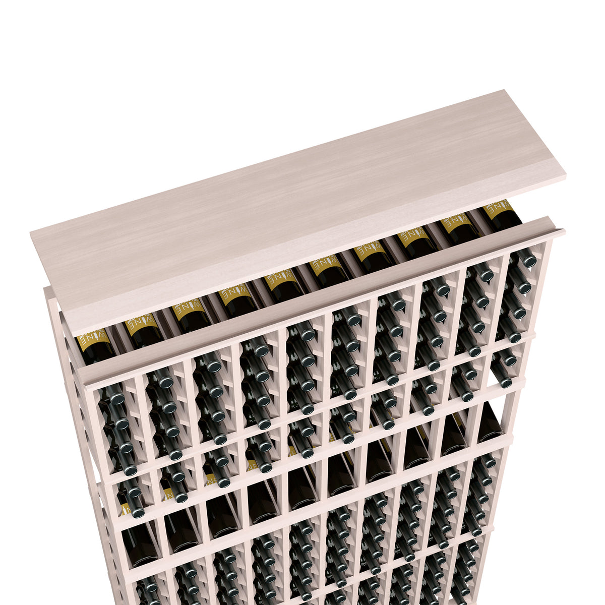 Wine rack top shelf for 10-column storage, pale gray wood, bottles in open square slots