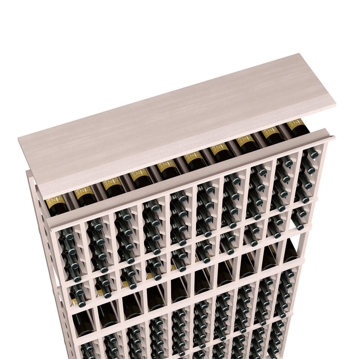 Wine rack top shelf for 10-column storage, pale gray shelf, bottles arranged in grid openings