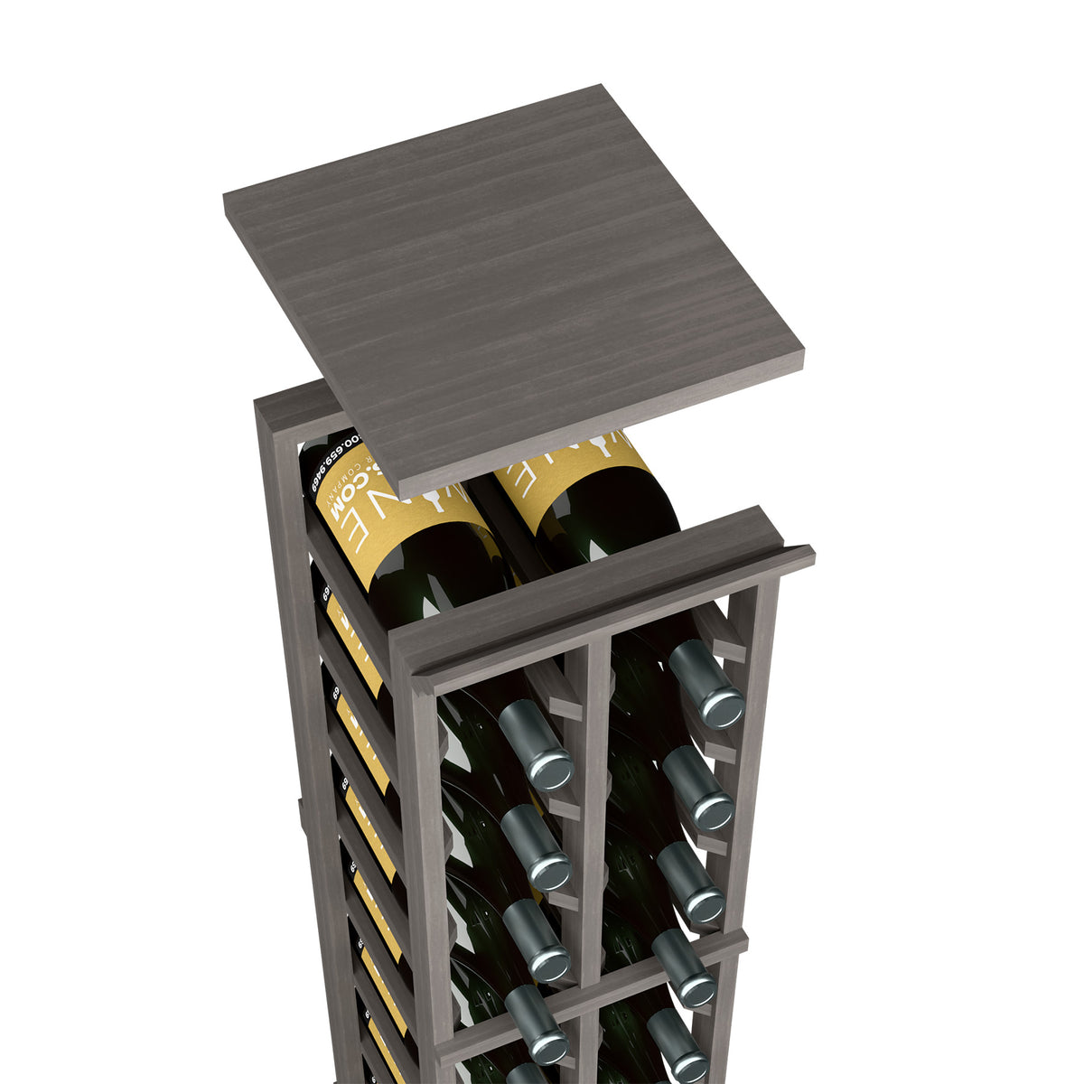 Dark wood top shelf on wine rack, with bottle storage compartments visible