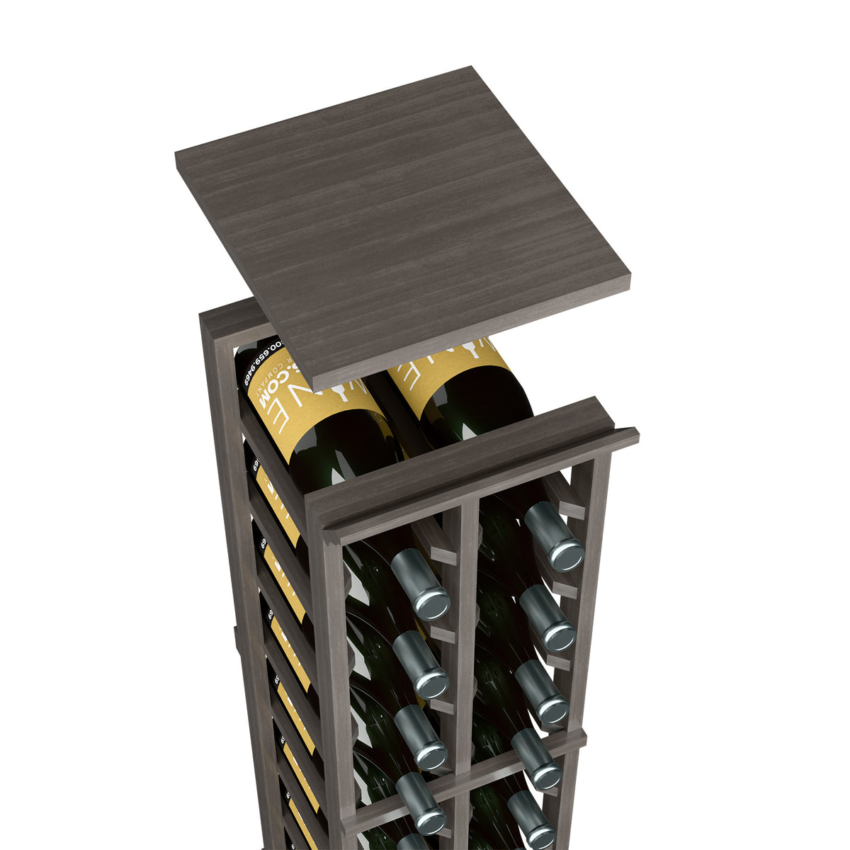 Dark wood top shelf on wine rack, showing bottle slots and rack frame