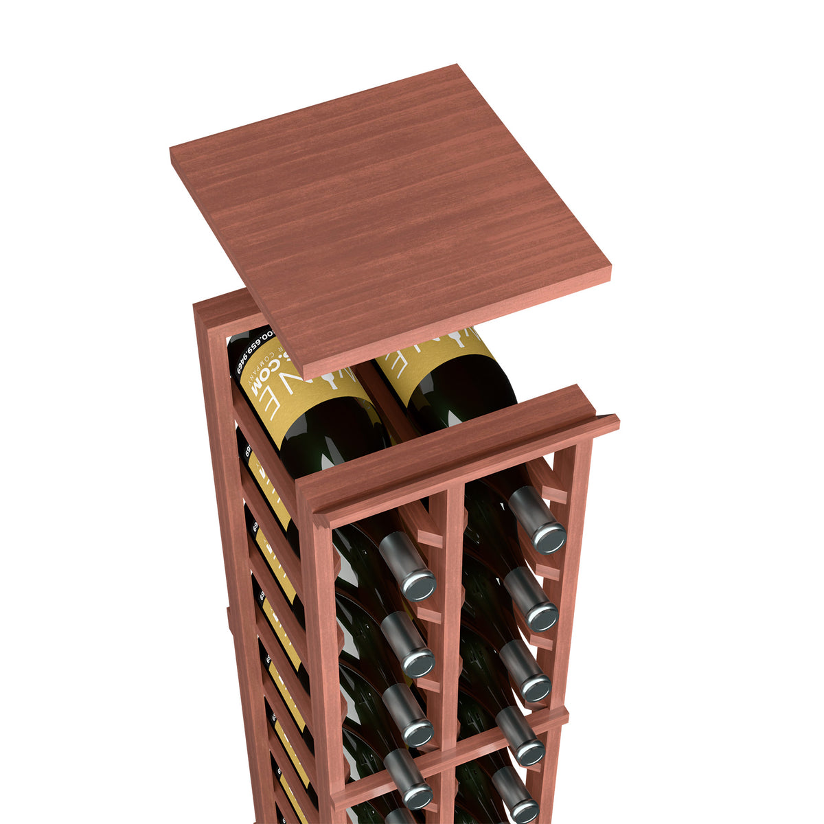 Red-brown wood top shelf for wine rack, showing bottle storage openings
