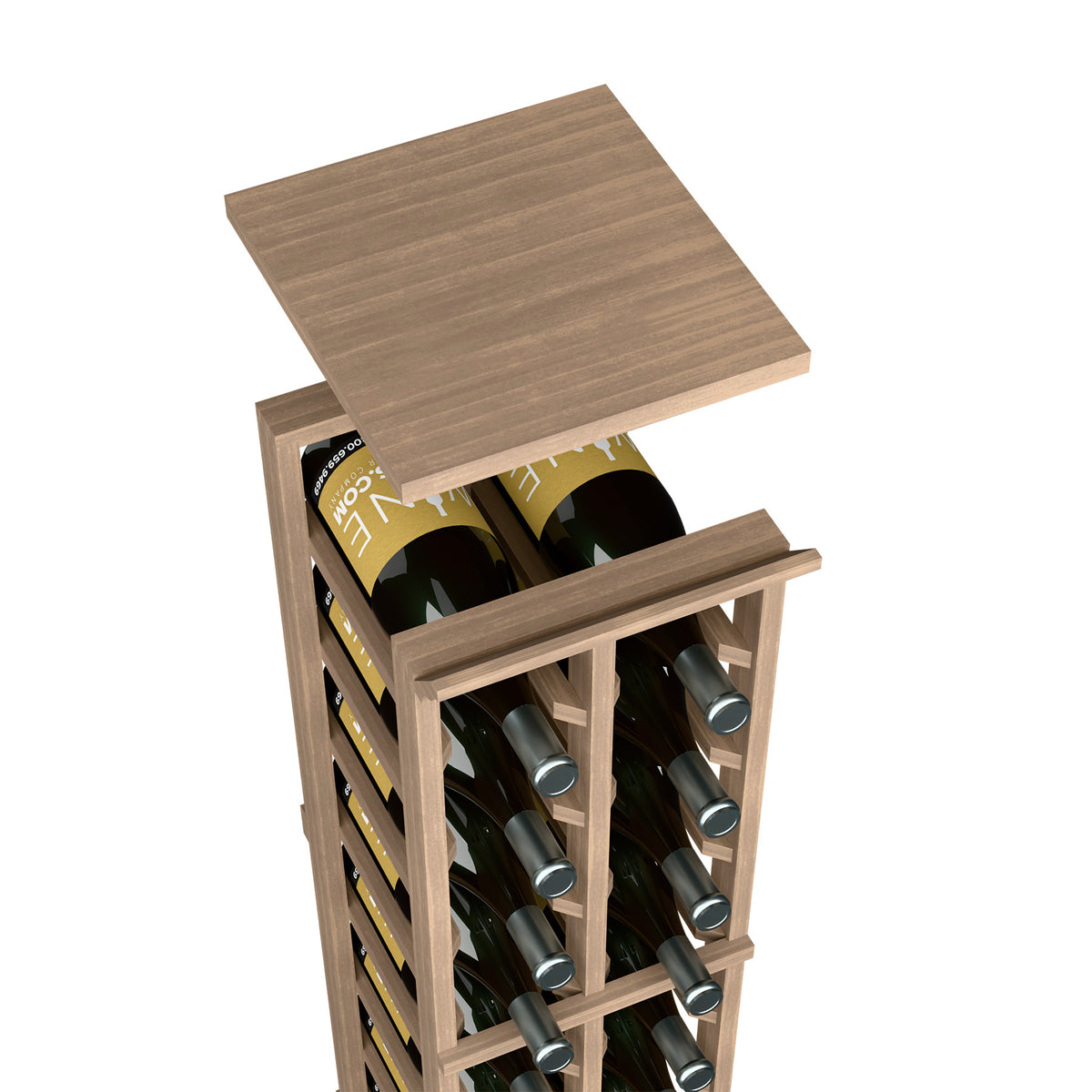 Medium brown wood top shelf on wine rack, with bottle compartments visible
