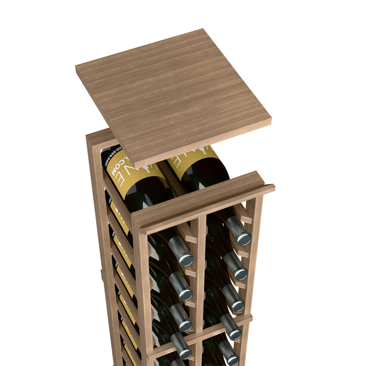 Medium brown wood top shelf on wine rack, showing bottles in front slots