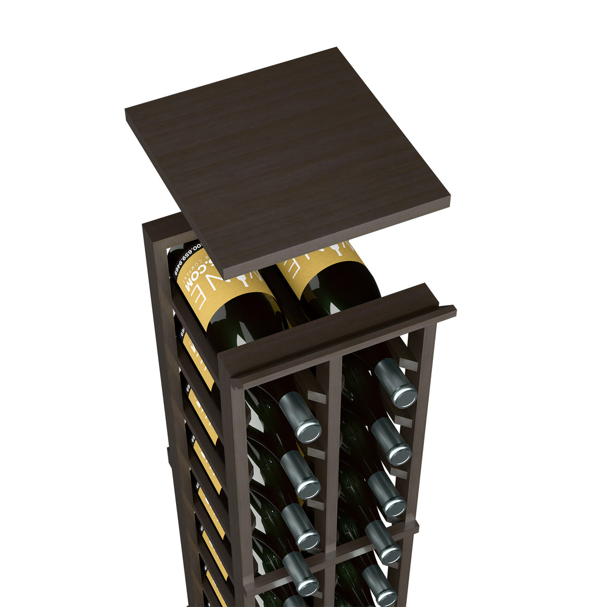 Dark wood top shelf on wine rack, with bottles visible in storage rack