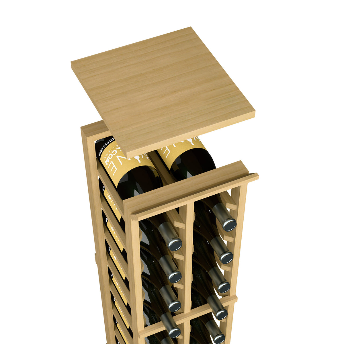 Natural wood top shelf for 2-column wine rack, square panel over bottles