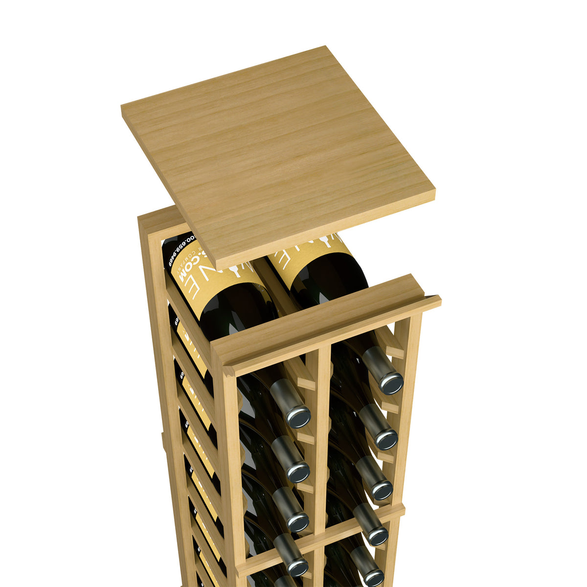 Light wood top shelf for 2-column wine rack with side rails and bottle openings