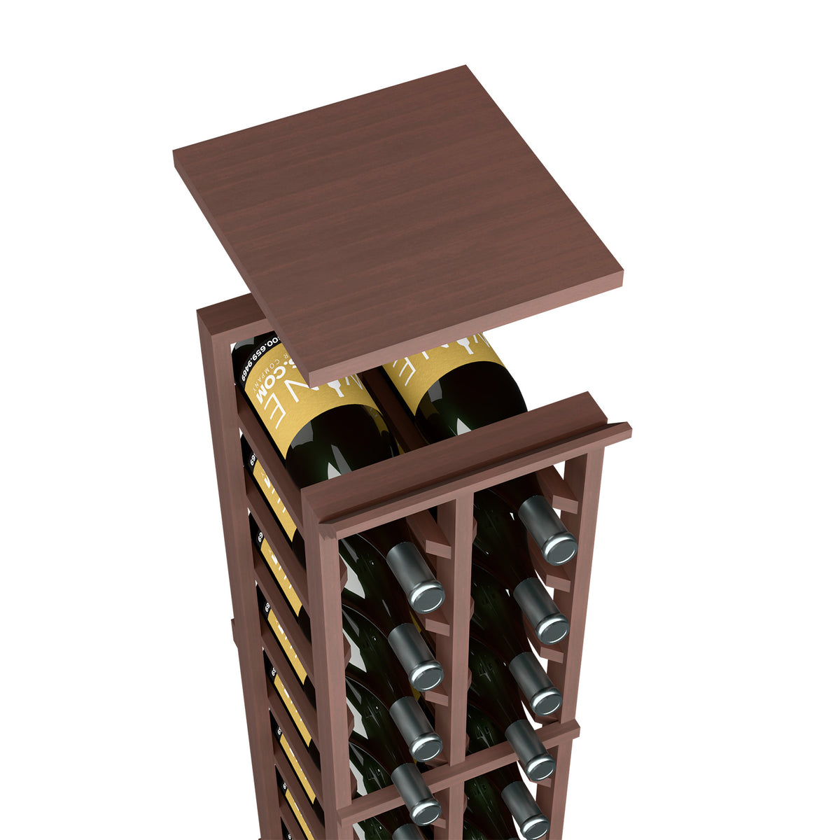 Walnut-brown wood top shelf for 2-column wine rack with bottle slots